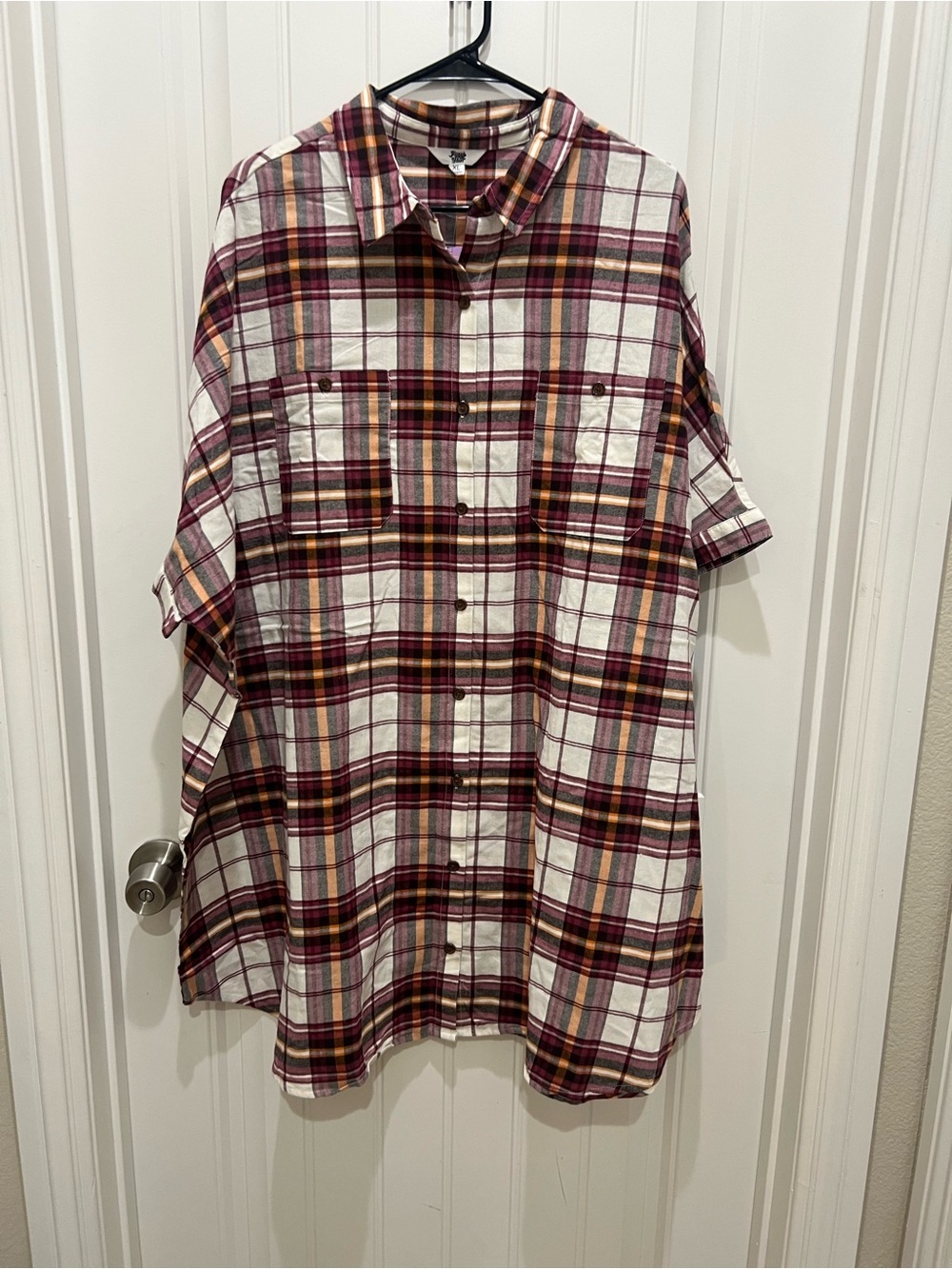 Women's Casual Button-Down Plaid Shirt Dress - Burgundy and White
